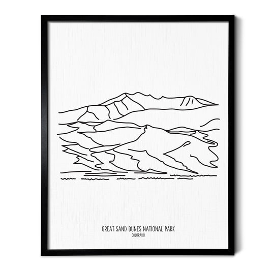 A line art drawing of Great Sand Dunes National Park on white linen paper in a thin black picture frame