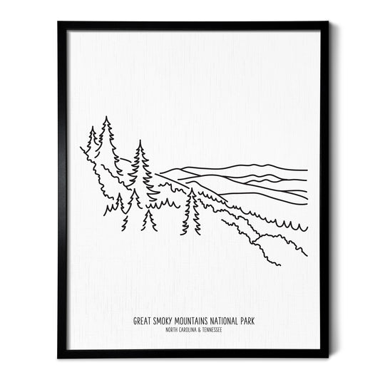 A line art drawing of Great Smoky Mountains National Park on white linen paper in a thin black picture frame