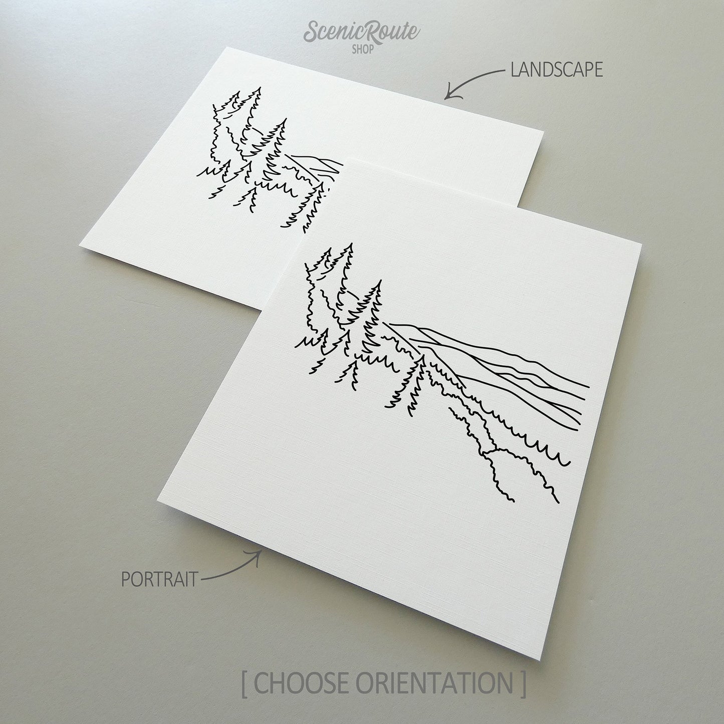 Two line art drawings of Great Smoky Mountains National Park on white linen paper with a gray background. The pieces are shown in portrait and landscape orientation for the available art print options.
