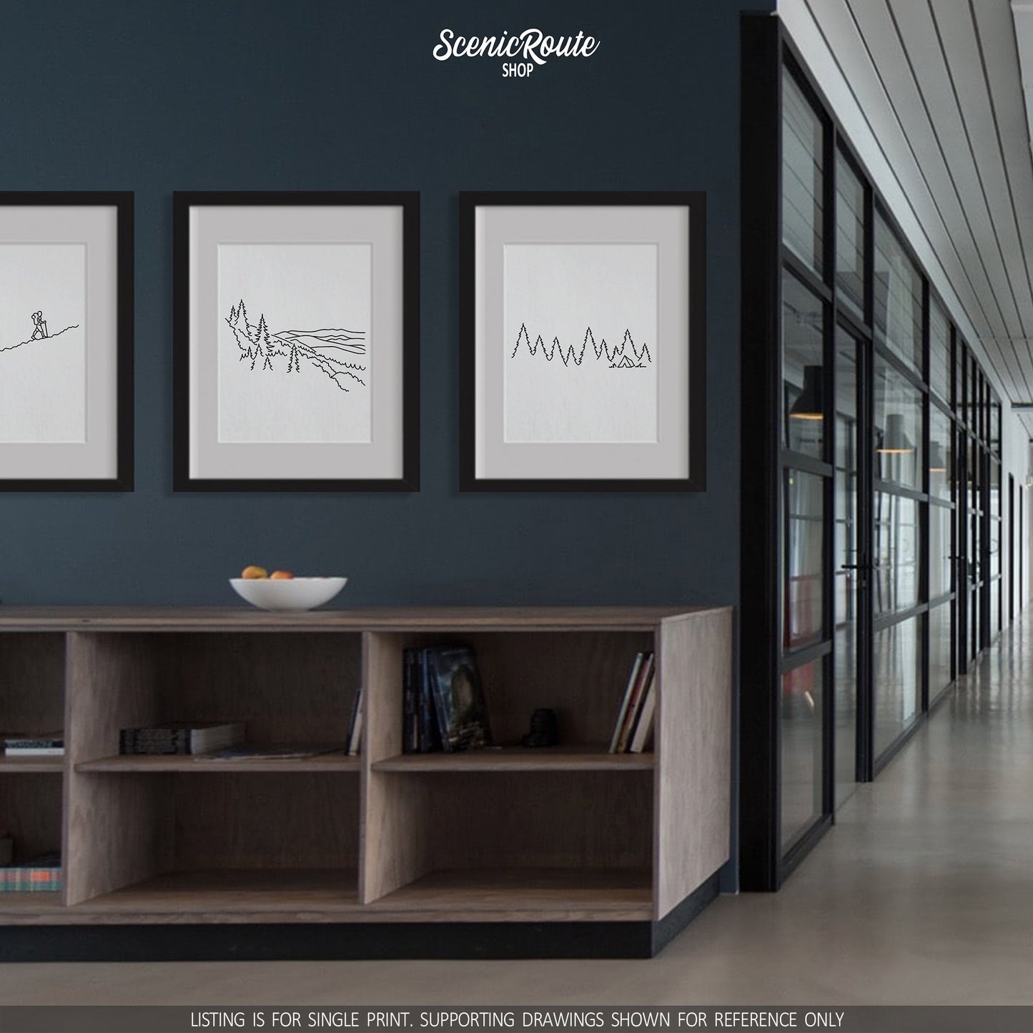 A group of three framed drawings on a wall above shelves in a contemporary office. The line art drawings include a person Hiking, Great Smoky Mountains, and Camping