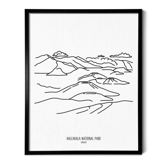 A line art drawing of Haleakala National Park on white linen paper in a thin black picture frame