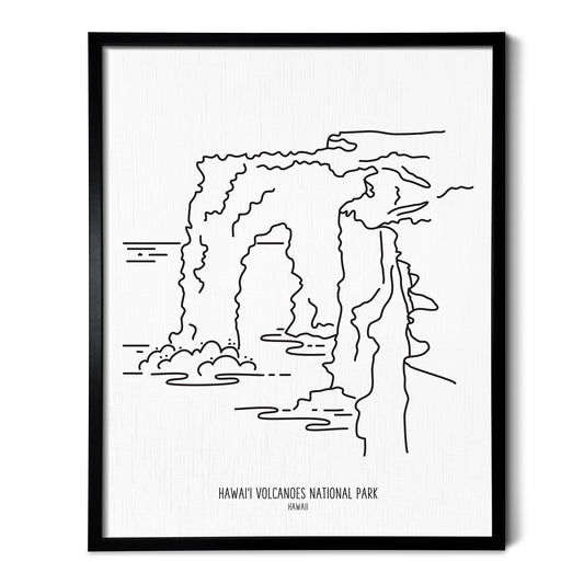 A line art drawing of Hawaii Volcanoes National Park on white linen paper in a thin black picture frame