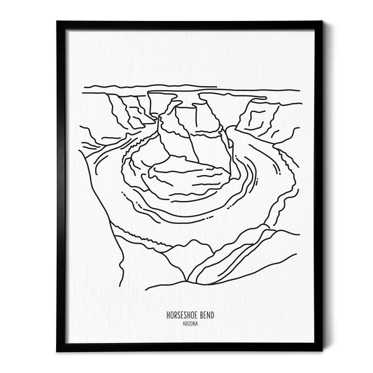 A line art drawing of Horseshoe Bend Park on white linen paper in a thin black picture frame