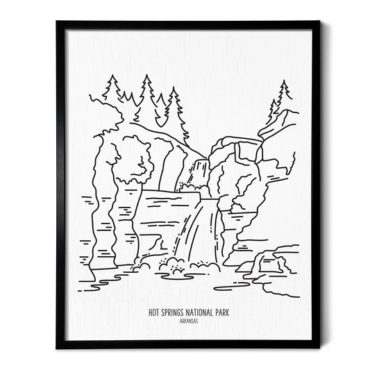 A line art drawing of Hot Springs National Park on white linen paper in a thin black picture frame