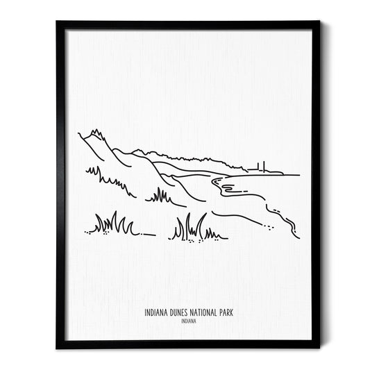 A line art drawing of Indiana Dunes National Park on white linen paper in a thin black picture frame