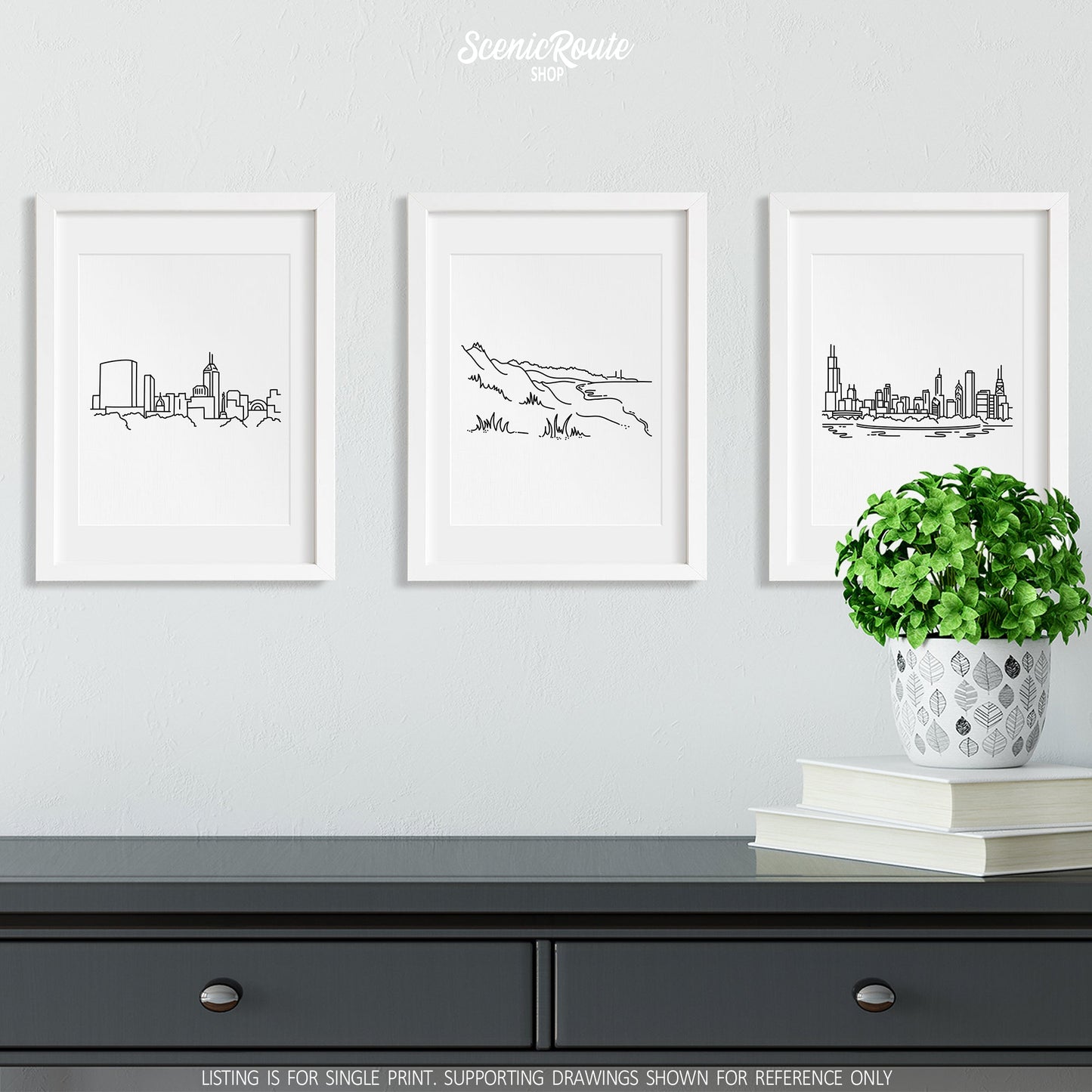 A group of three framed drawings on a wall above a dresser with books and a plant. The line art drawings include the Indianapolis Skyline, Indiana Dunes National Park, and the Chicago Skyline