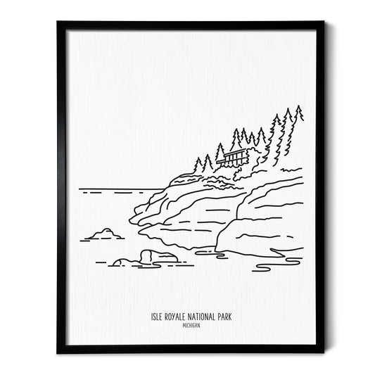 A line art drawing of Isle Royale National Park on white linen paper in a thin black picture frame