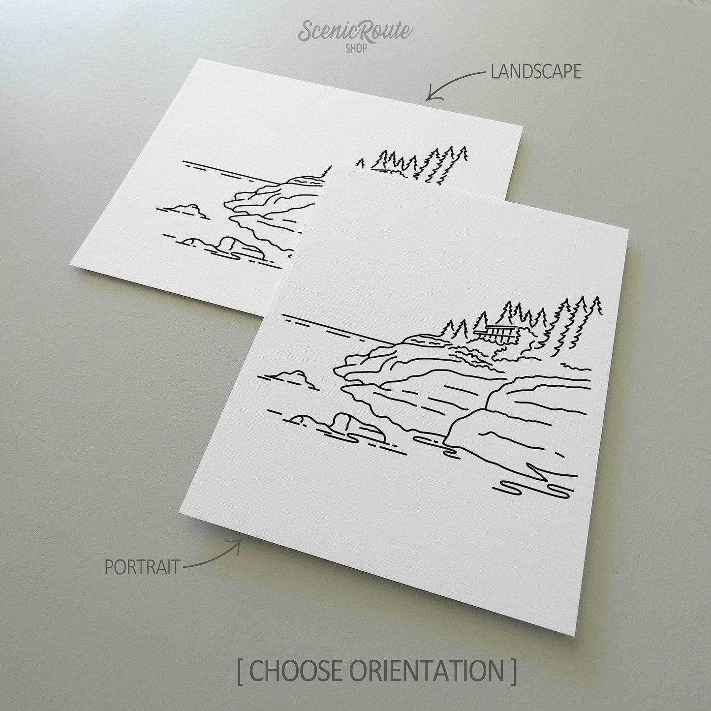 Two line art drawings of Isle Royale National Park on white linen paper with a gray background. The pieces are shown in portrait and landscape orientation for the available art print options.