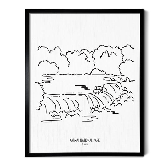A line art drawing of Katmai National Park on white linen paper in a thin black picture frame