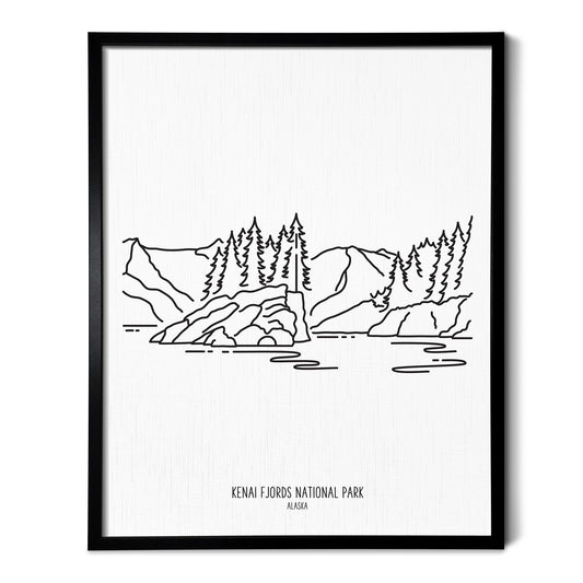 A line art drawing of Kenai Fjords National Park on white linen paper in a thin black picture frame