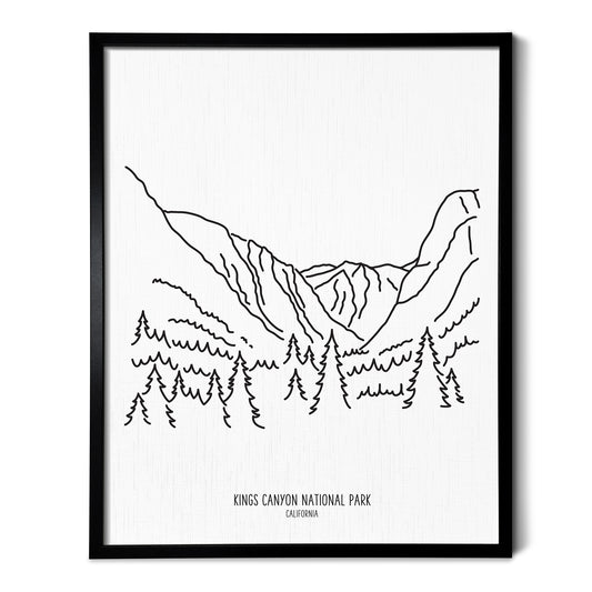 A line art drawing of Kings Canyon National Park on white linen paper in a thin black picture frame
