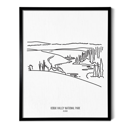 A line art drawing of Kobuk Valley National Park on white linen paper in a thin black picture frame