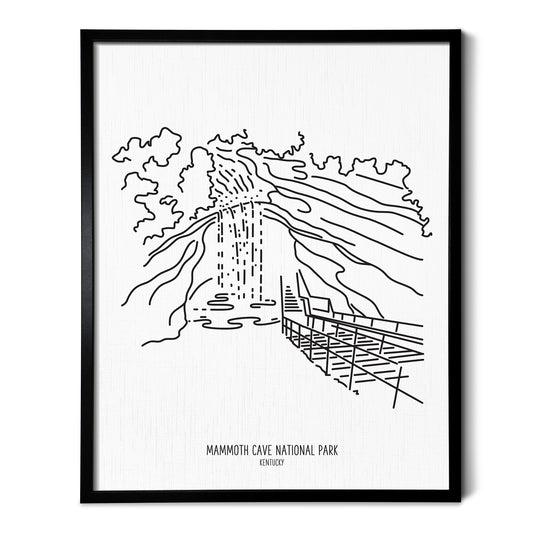 A line art drawing of Mammoth Cave National Park on white linen paper in a thin black picture frame