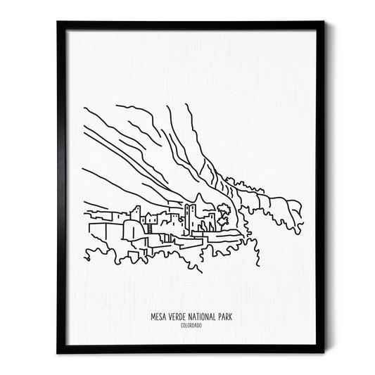 A line art drawing of Mesa Verde National Park on white linen paper in a thin black picture frame