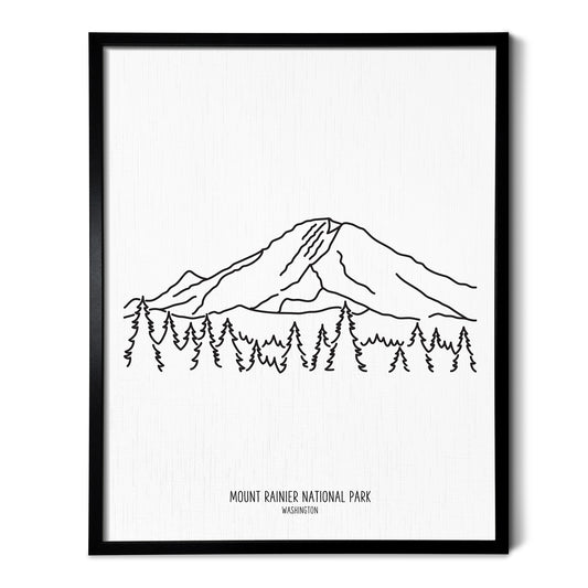 A line art drawing of Mount Rainier National Park on white linen paper in a thin black picture frame