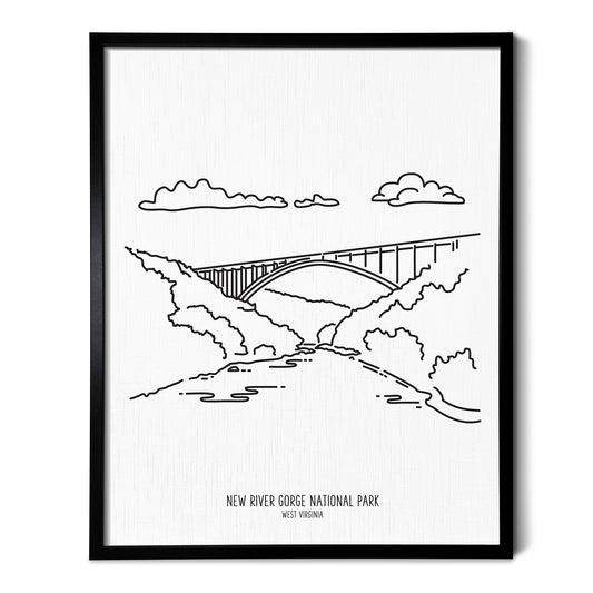 A line art drawing of New River Gorge National Park on white linen paper in a thin black picture frame