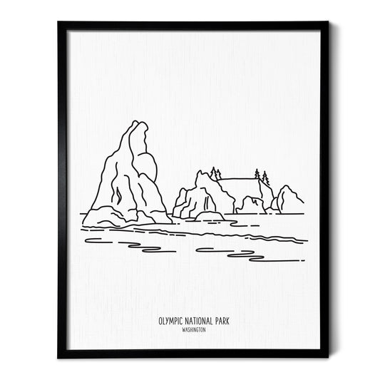 A line art drawing of Olympic National Park on white linen paper in a thin black picture frame
