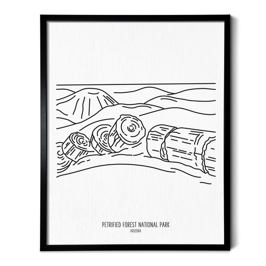 A line art drawing of Petrified Forest National Park on white linen paper in a thin black picture frame