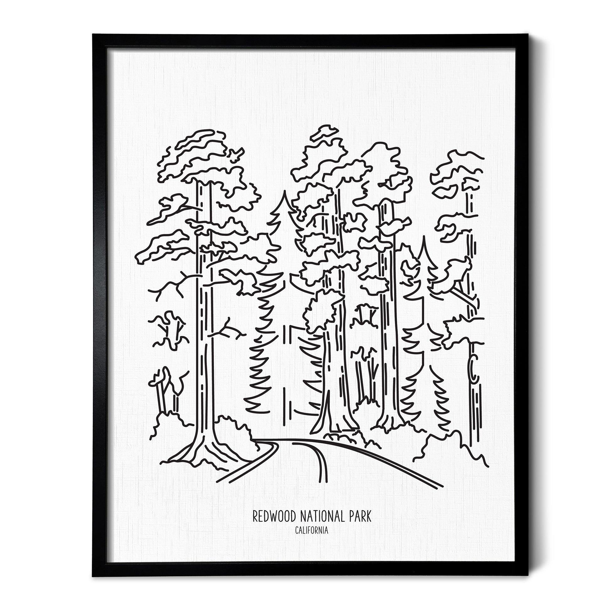 A line art drawing of Redwood National Park on white linen paper in a thin black picture frame