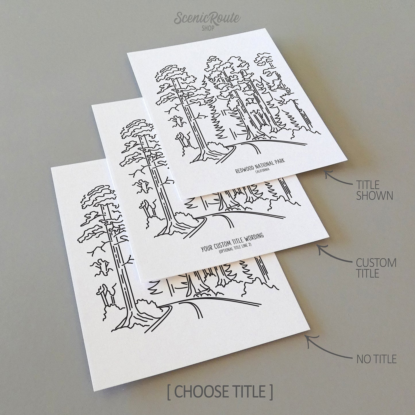 Three line art drawings of Redwood National Park on white linen paper with a gray background. The pieces are shown with title options that can be chosen and personalized.