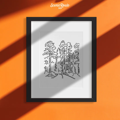 A framed line art drawing of Redwood National Park on an orange wall