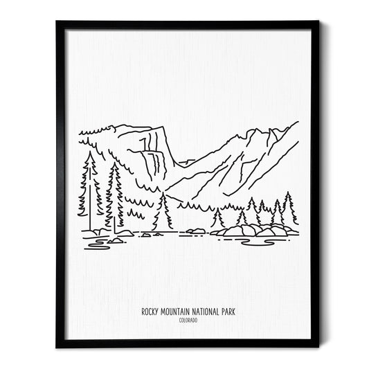 A line art drawing of Rocky Mountain National Park on white linen paper in a thin black picture frame