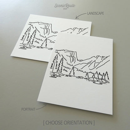 Two line art drawings of Rocky Mountain National Park on white linen paper with a gray background.  The pieces are shown in portrait and landscape orientation for the available art print options.
