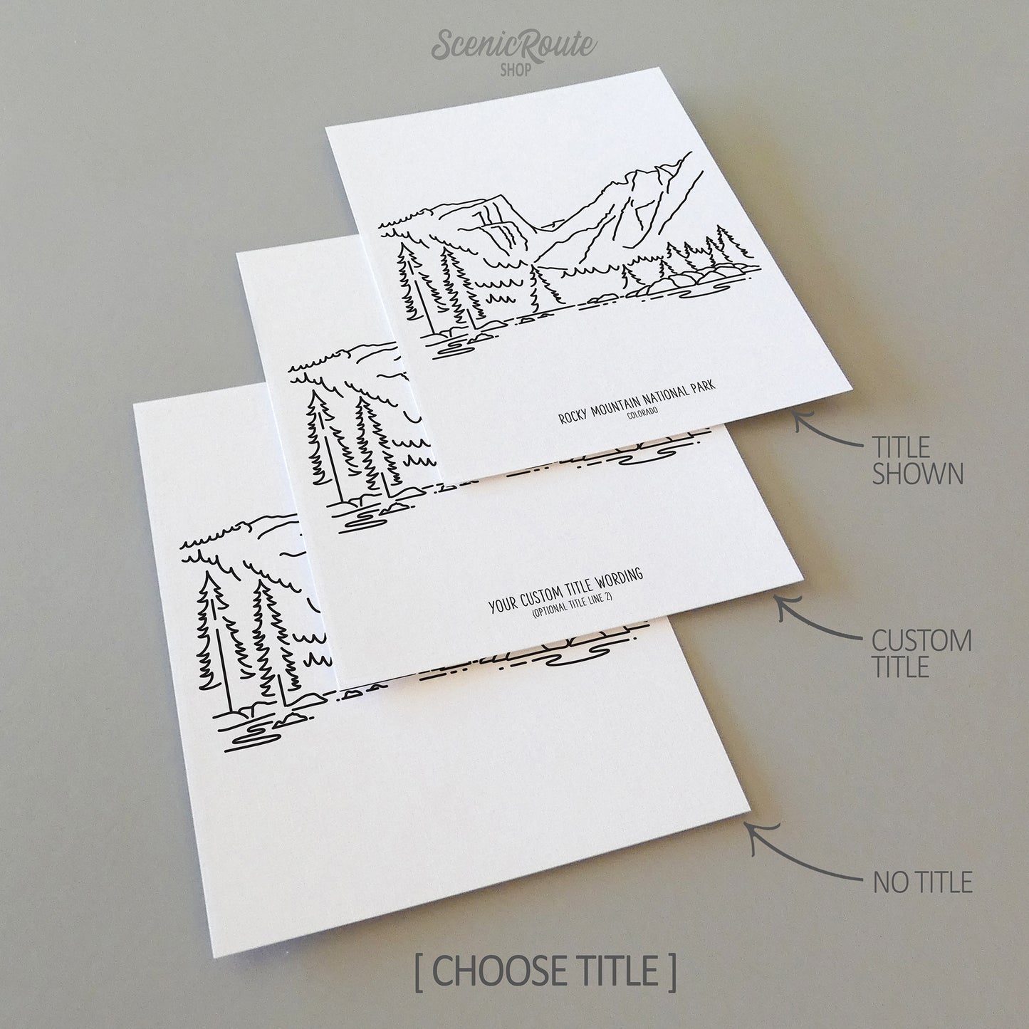 Three line art drawings of Rocky Mountain National Park on white linen paper with a gray background. The pieces are shown with title options that can be chosen and personalized.