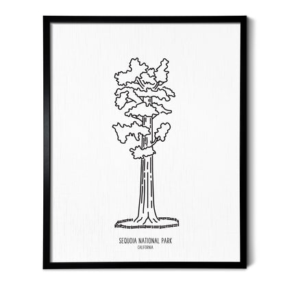 A line art drawing of Sequoia National Park on white linen paper in a thin black picture frame