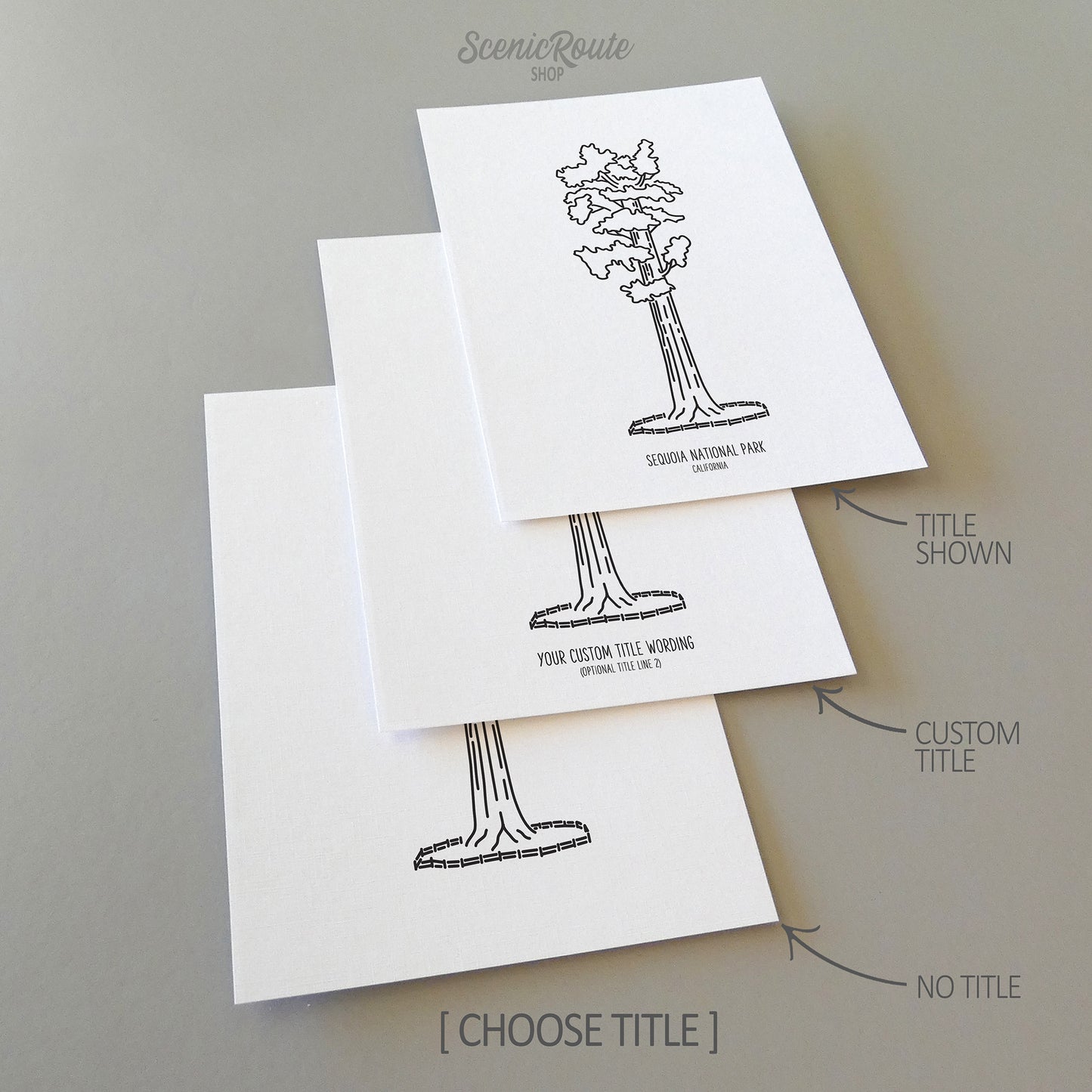 Three line art drawings of Sequoia National Park on white linen paper with a gray background. The pieces are shown with title options that can be chosen and personalized.