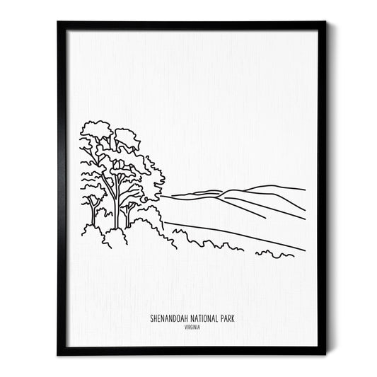 A line art drawing of Shenandoah National Park on white linen paper in a thin black picture frame