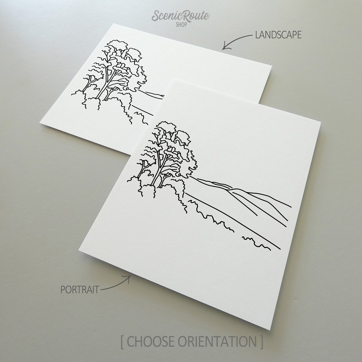 Two line art drawings of Shenandoah National Park on white linen paper with a gray background.  The pieces are shown in portrait and landscape orientation for the available art print options.