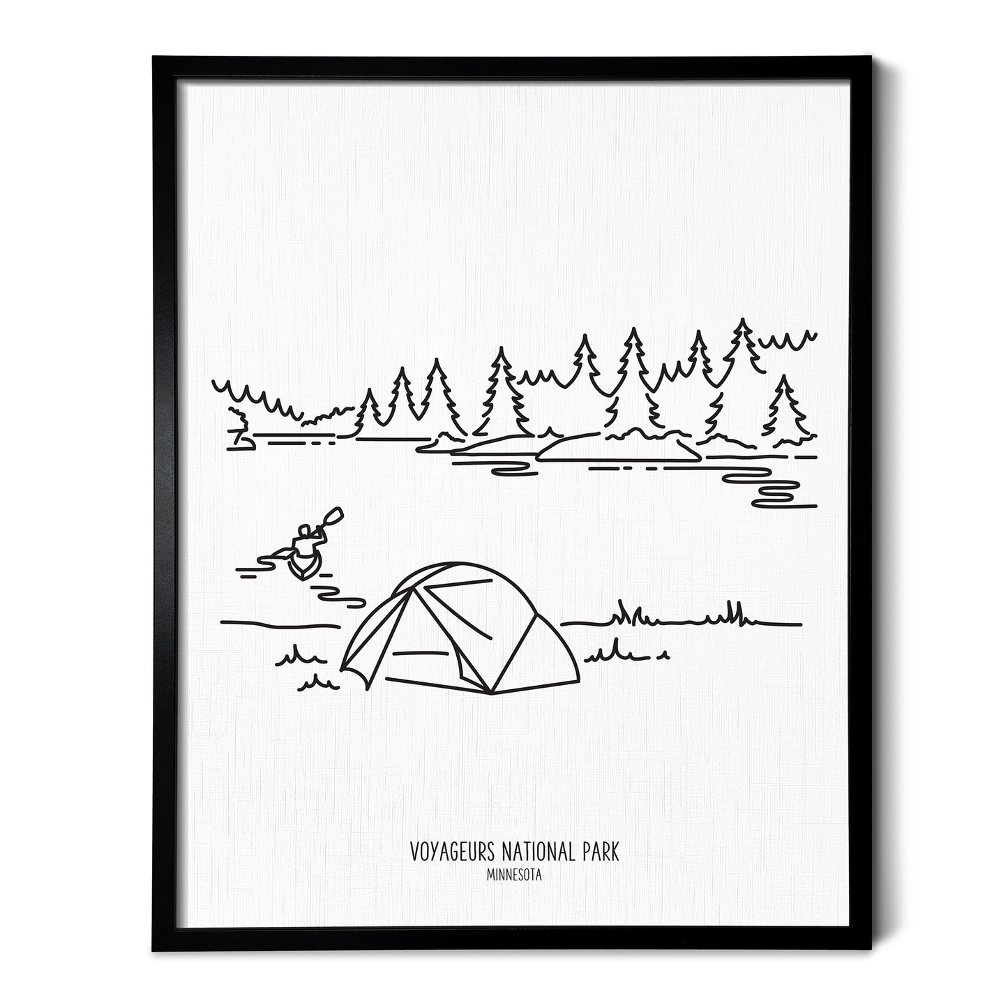 A line art drawing of Voyageurs National Park on white linen paper in a thin black picture frame
