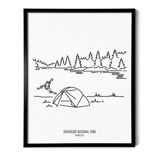 A line art drawing of Voyageurs National Park on white linen paper in a thin black picture frame