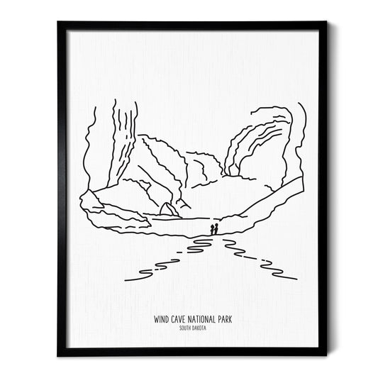 A line art drawing of Wind Cave National Park on white linen paper in a thin black picture frame