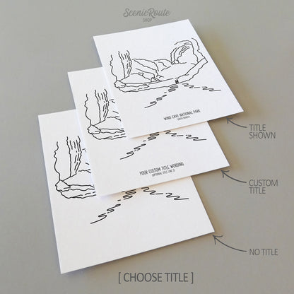 Three line art drawings of Wind Cave National Park on white linen paper with a gray background. The pieces are shown with title options that can be chosen and personalized.