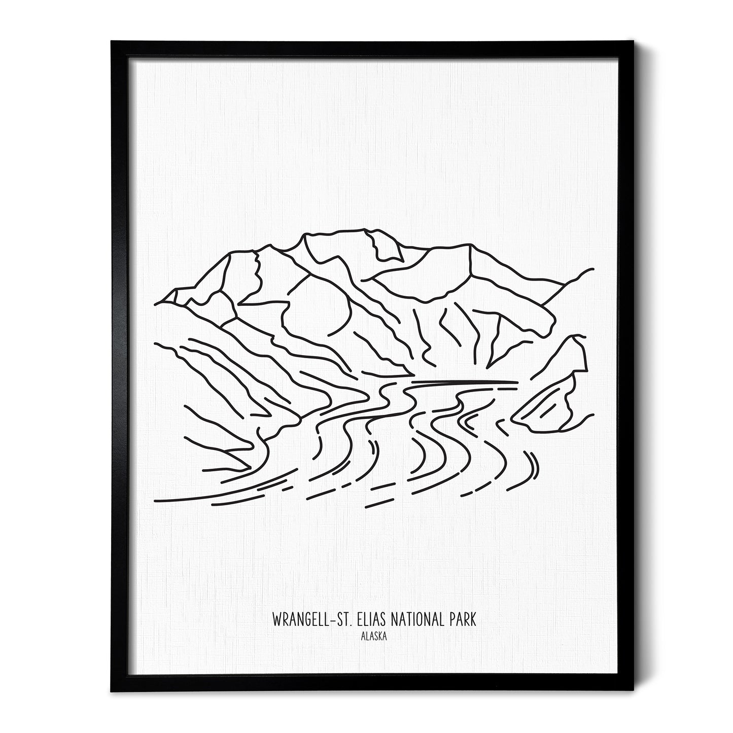 A line art drawing of Wrangell Saint Elias National Park on white linen paper in a thin black picture frame