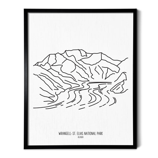 A line art drawing of Wrangell Saint Elias National Park on white linen paper in a thin black picture frame