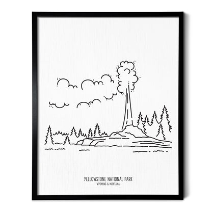 A line art drawing of Yellowstone National Park on white linen paper in a thin black picture frame