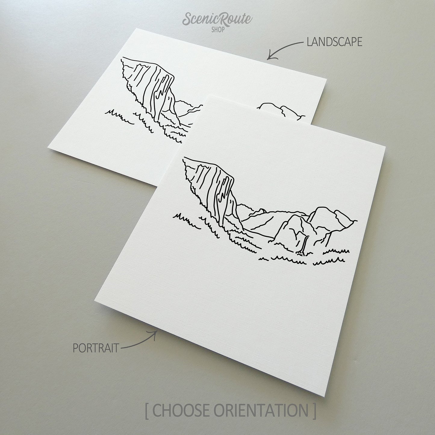 Two line art drawings of Yosemite National Park on white linen paper with a gray background. The pieces are shown in portrait and landscape orientation for the available art print options.