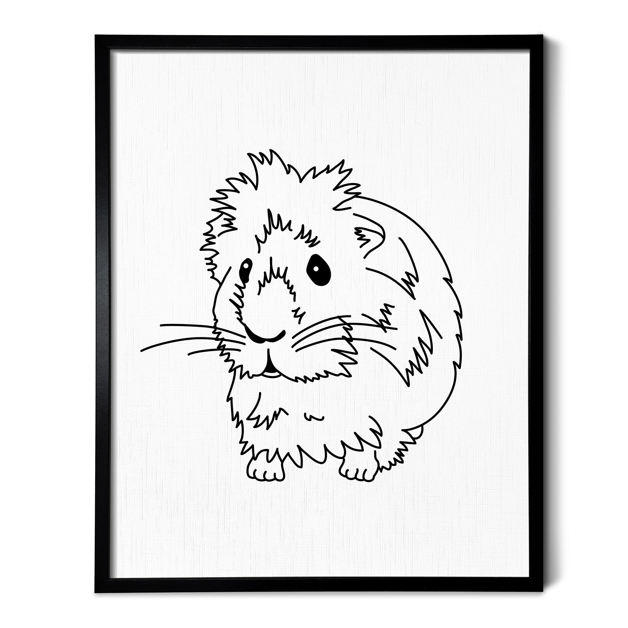 A line art drawing of Guinea Pig on white linen paper in a thin black picture frame