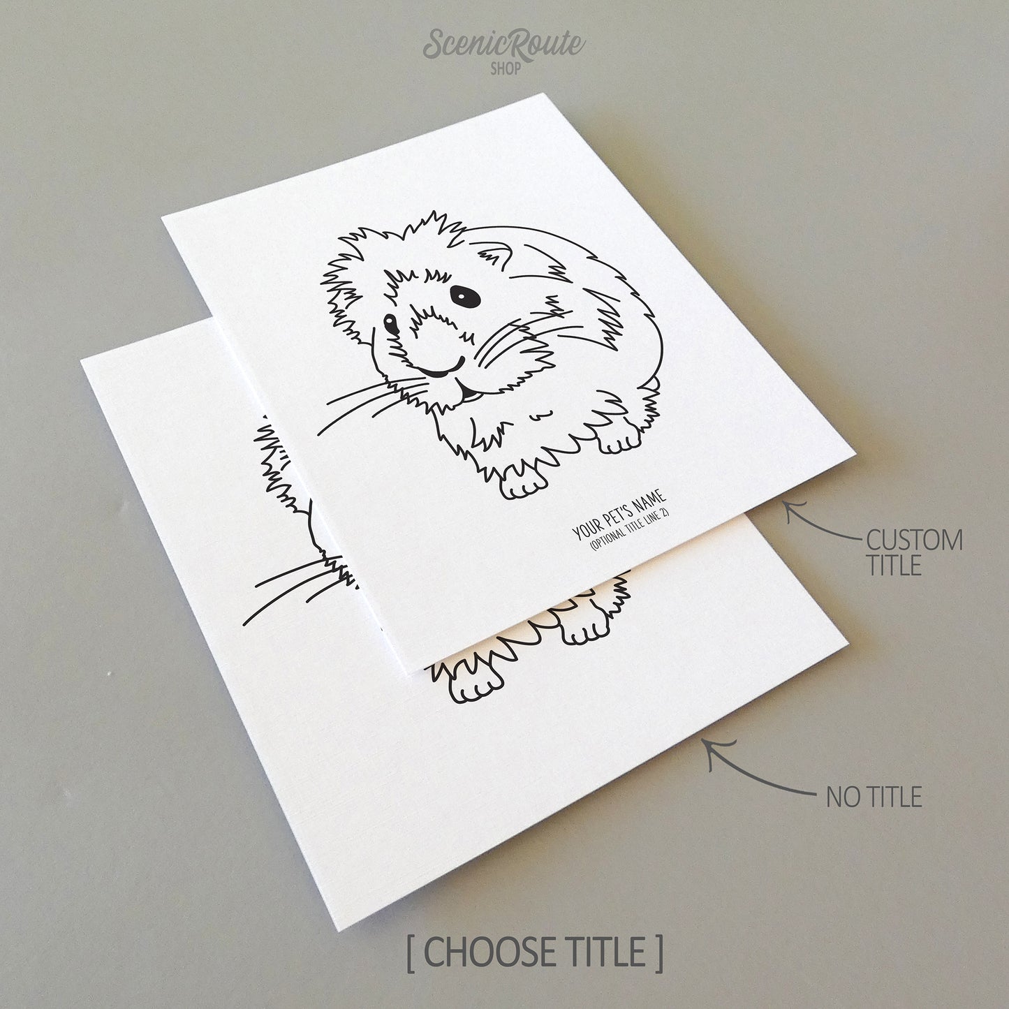 Two line art drawings of a Guinea Pig on white linen paper with a gray background.  The pieces are shown with “No Title” and “Custom Title” options for the available art print options.