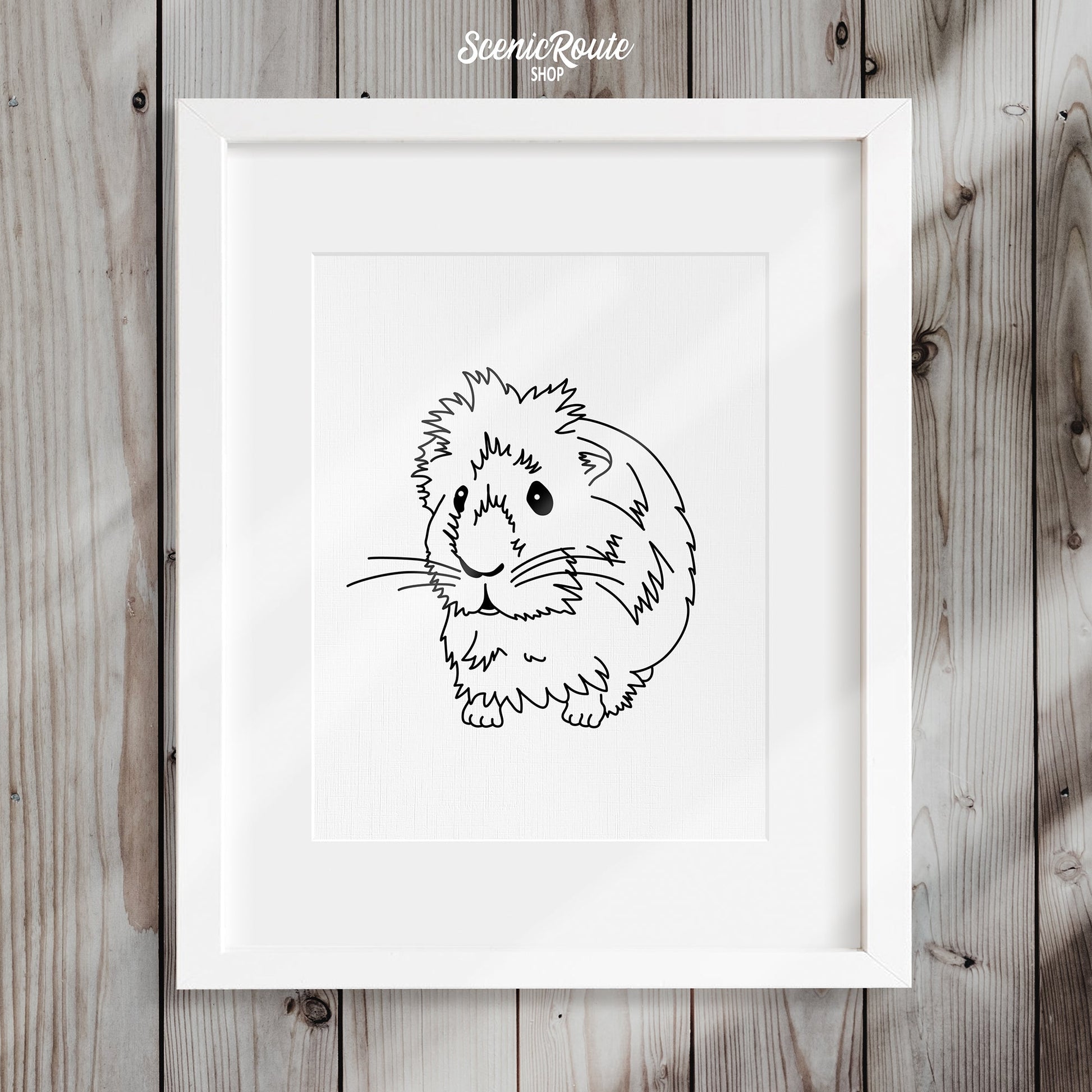 A framed line art drawing of a Guinea Pig on a wood wall