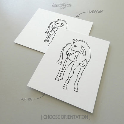 Two line art drawings of a Horse on white linen paper with a gray background.  The pieces are shown in portrait and landscape orientation for the available art print options.