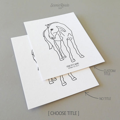 Two line art drawings of a Horse on white linen paper with a gray background.  The pieces are shown with “No Title” and “Custom Title” options for the available art print options.