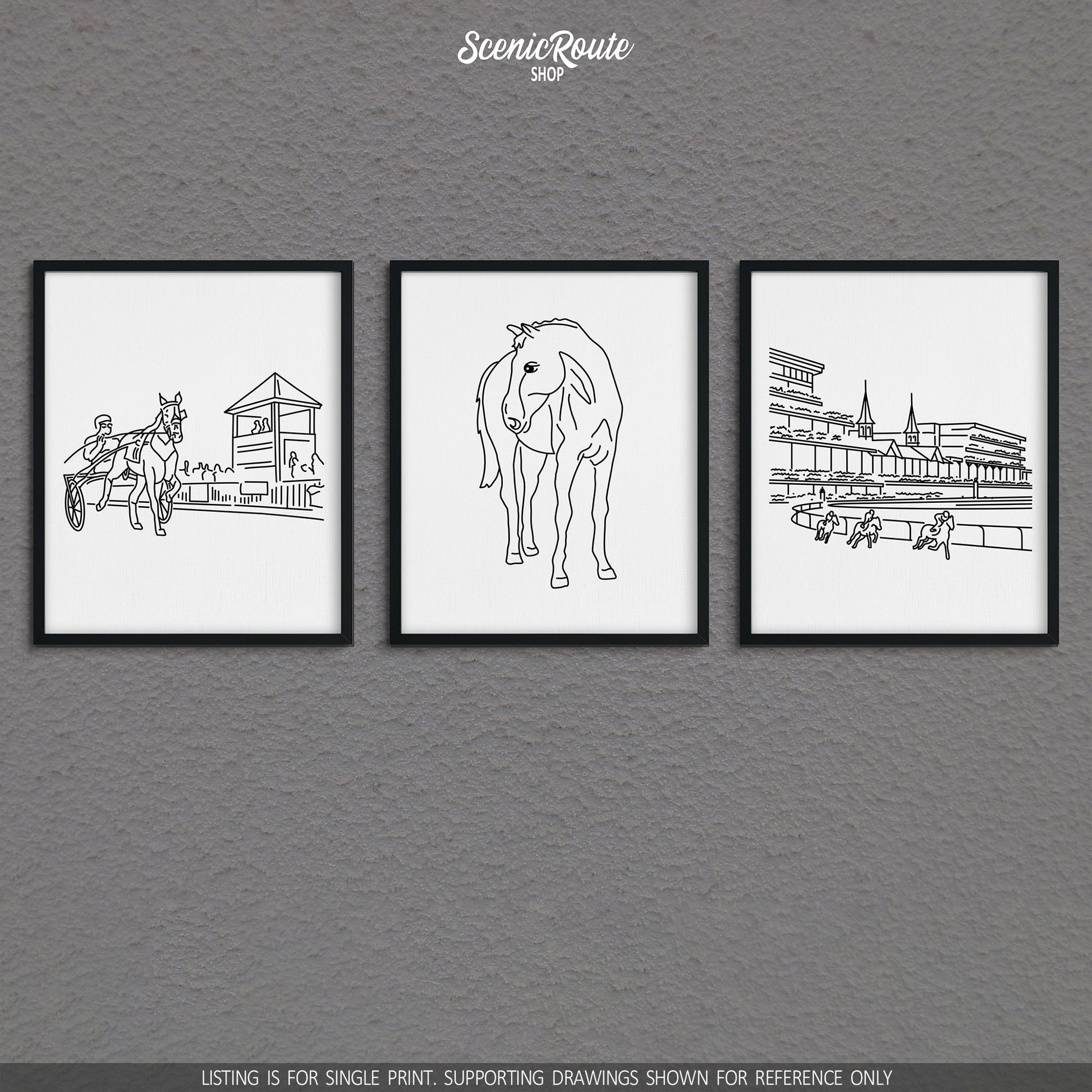 A group of three framed drawings on a gray wall. The line art drawings include Harness Racing, a Horse, and Churchill Downs