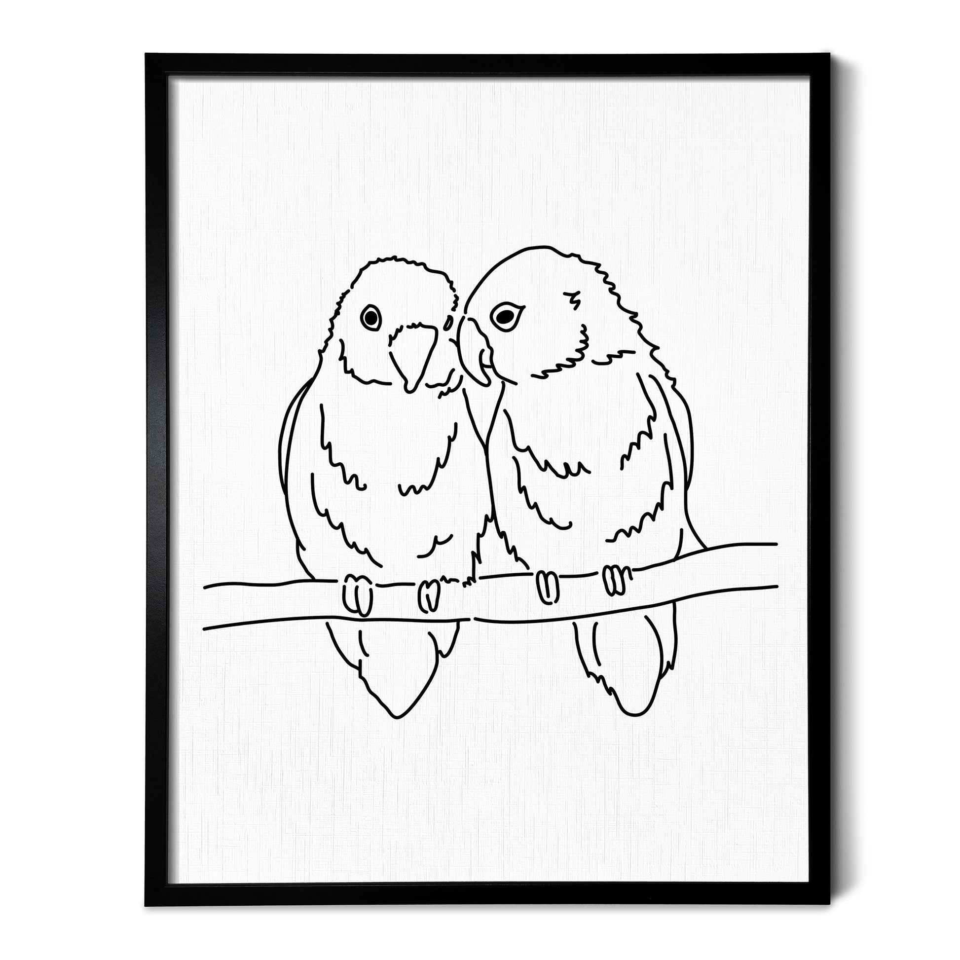 A line art drawing of a Love Birds on white linen paper in a thin black picture frame