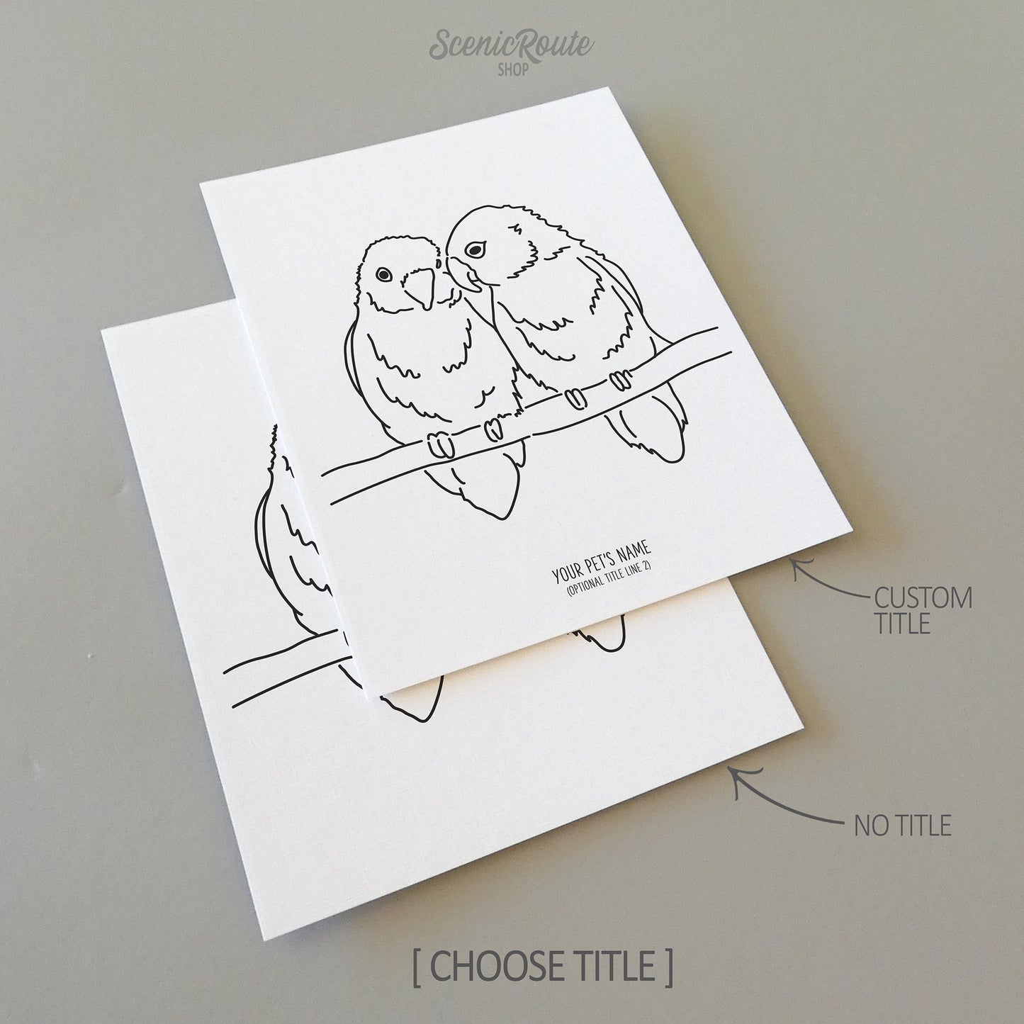 Two line art drawings of two Love Birds on white linen paper with a gray background.  The pieces are shown with “No Title” and “Custom Title” options for the available art print options.