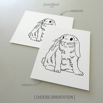 Two line art drawings of a Mini Lop Rabbit on white linen paper with a gray background.  The pieces are shown in portrait and landscape orientation for the available art print options.