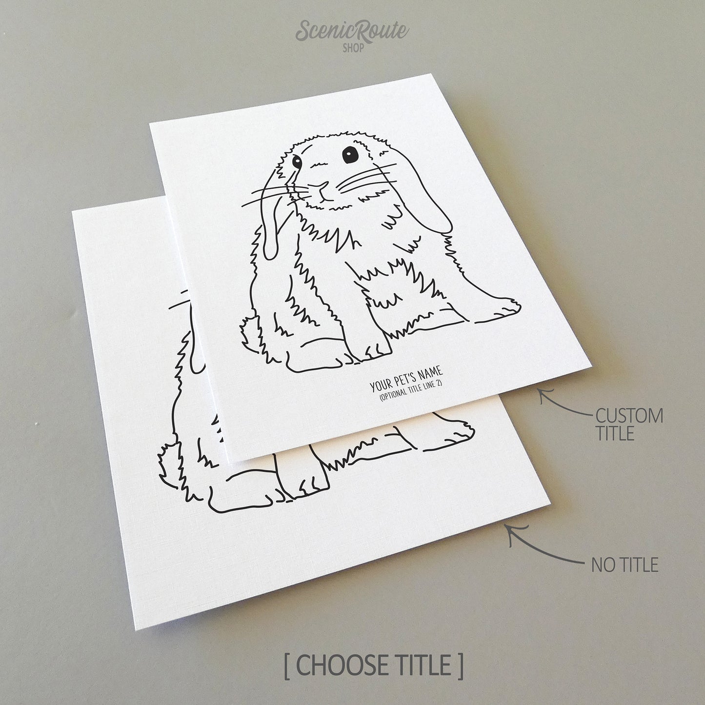 Two line art drawings of a Mini Lop Rabbit on white linen paper with a gray background.  The pieces are shown with “No Title” and “Custom Title” options for the available art print options.